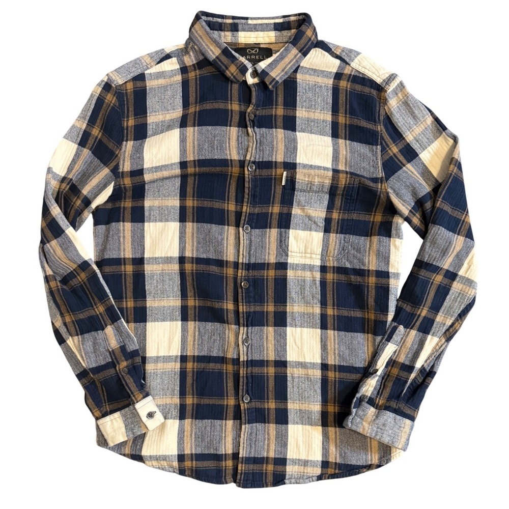 Farrell Plaid Button Down Shirt Mens Large Blue Tan Herringbone Flannel Pocket